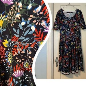 LulaRoe Dress Nicole Dark Floral Multicolor Fit & Flare 3/4 Sleeve Size XL